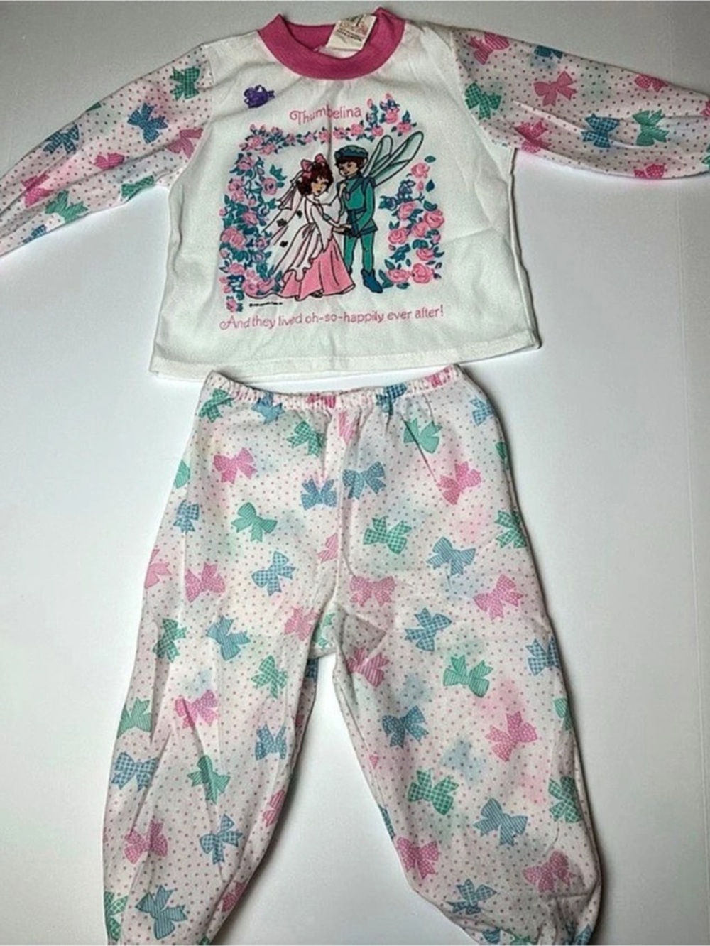 vintage 90s Thumbelina Girls 3T Pajama Set Pink & White